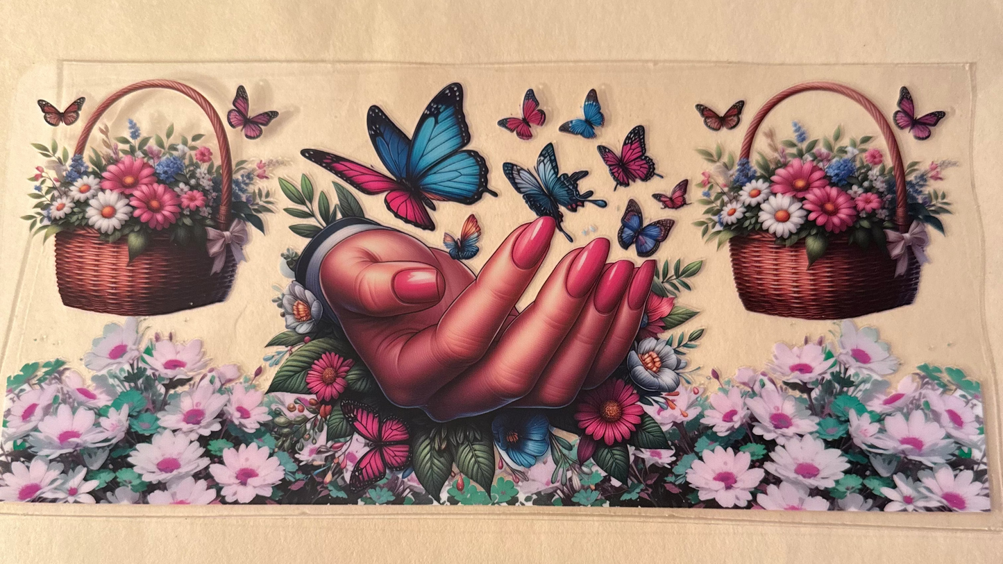 Hands, flowers and butterflies cup wrap